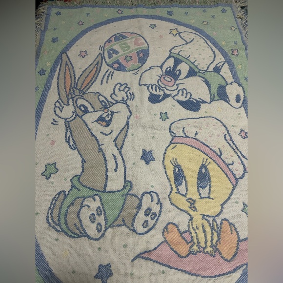 Vintage Baby Looney Tunes Blanket Bugs Bunny Sylvester Tweety Bird Blue 1990s